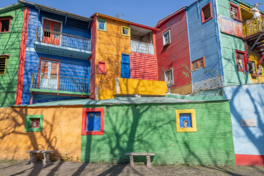 Vibrant street art and colorful houses in La Boca, Buenos Aires, Argentina.